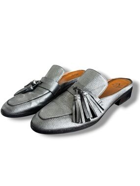 Aquatalia Silver Metallic Pebble Leather Tassel Mules Loafers, 9.5 Made in Italy